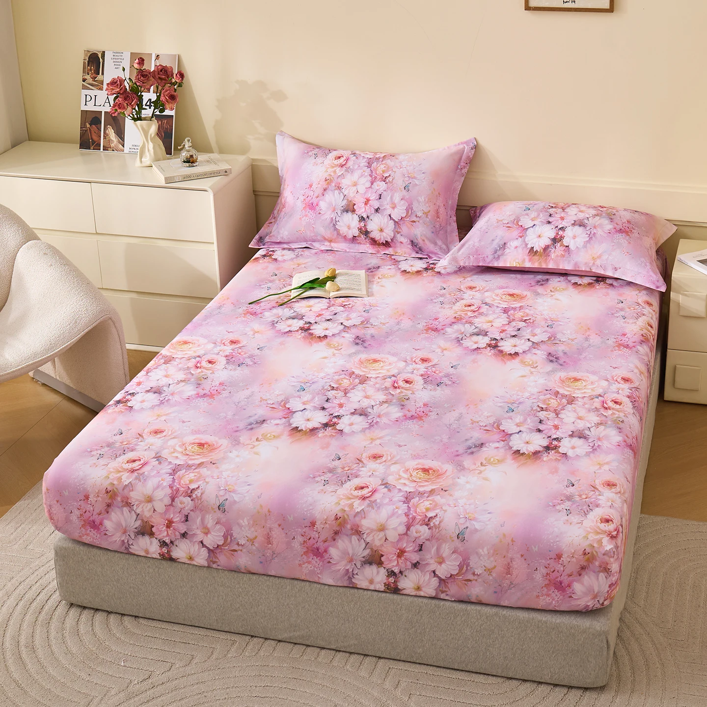 100% Cotton Bedsheet Pink Floral Print Fitted Sheets for Adults/Kids Room Soft Bed Linen Cotton Bed Sheet sabanas(No Pillowcase)