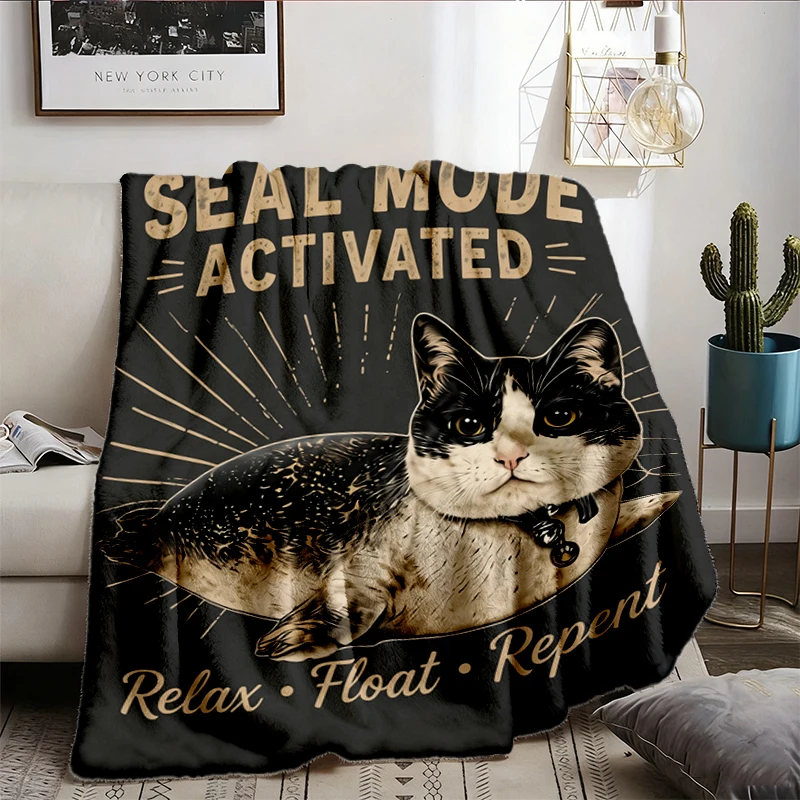 Seal Mode Activated Cat Seal Graphic Flannel Blanket, Vintage Stone Wash Relaxed Fit Flannel Throw