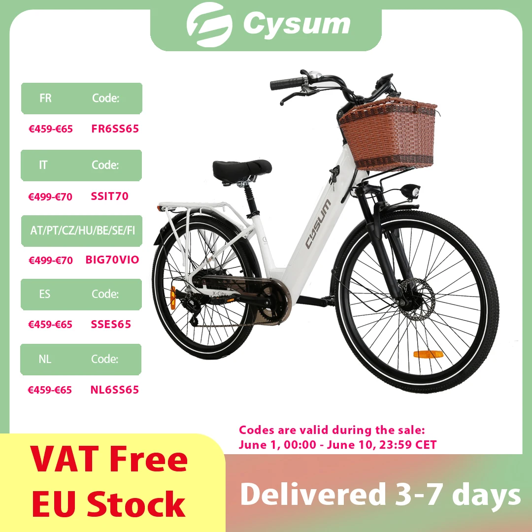 Vélo Électrique Femme Cysum X-City 26'' 250W 480Wh avec Batterie Lithium Portable, Freins à Disque et Panier Avant, Vélo à Assistance Pédalage Assisté