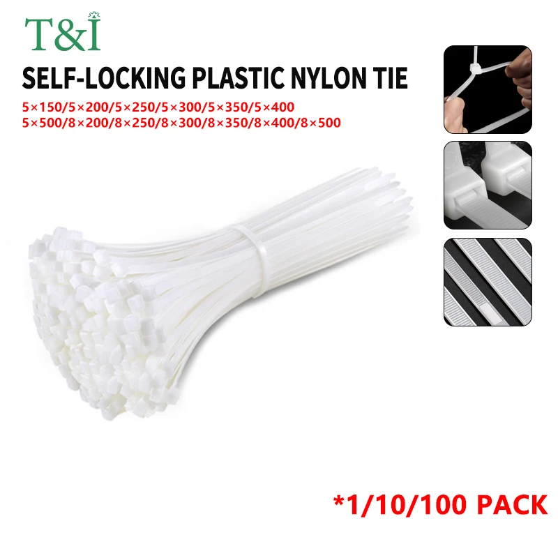 5*150-8*500 Nylon Cable Tie Plastic White Self-Locking Cable Tie Binding Rope High Strength Fixed Belt Cable Tie