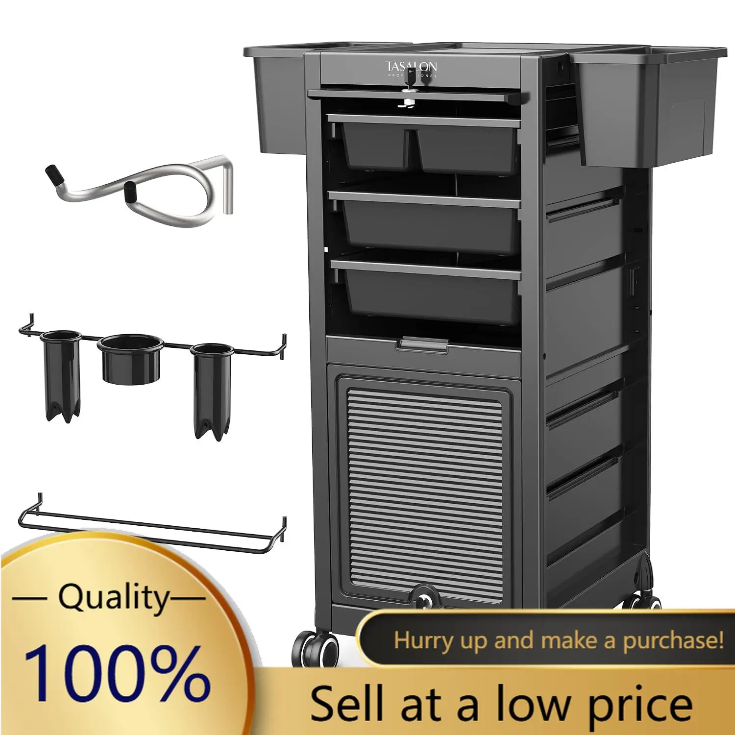 TASALON Professional Rolling Salon Cart, 6-Drawer Storage Trolley with Tool Holders, 33-Inch Height,Barber Shop Hairdressing Bea