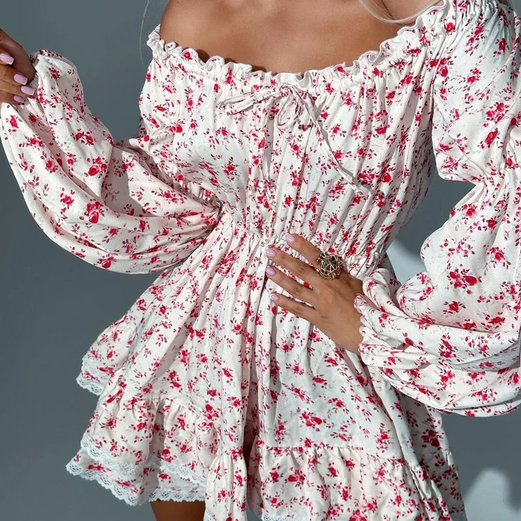 

Red Floral Printed Ruffle Mini Dress Women Off Shoulder Lace Trim Long Sleeve Vestidos Summer Sexy Sweet Fashion Short Dresses