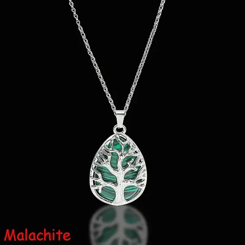 Tree of Life Natural Gemtone Crystal Amethyst Rose Quartz Tiger Eye Stone Water Drop Pendant Necklace for Women Men Jewelry