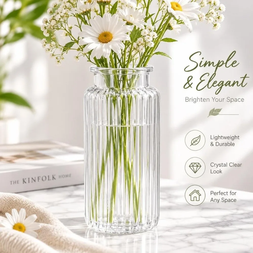 Nordic Style Flower Vase Ribbed Design Large Size Cylinder Vases Unbreakable Plastic Cylinder Shape Clear Flower Vase