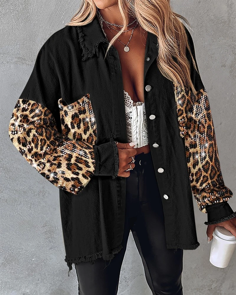 Women’s Turn-down Collar Jackets Contrast Leopard Sequin Patchwork Long Sleeve Jacket Top Button Front Raw Hem Shacket