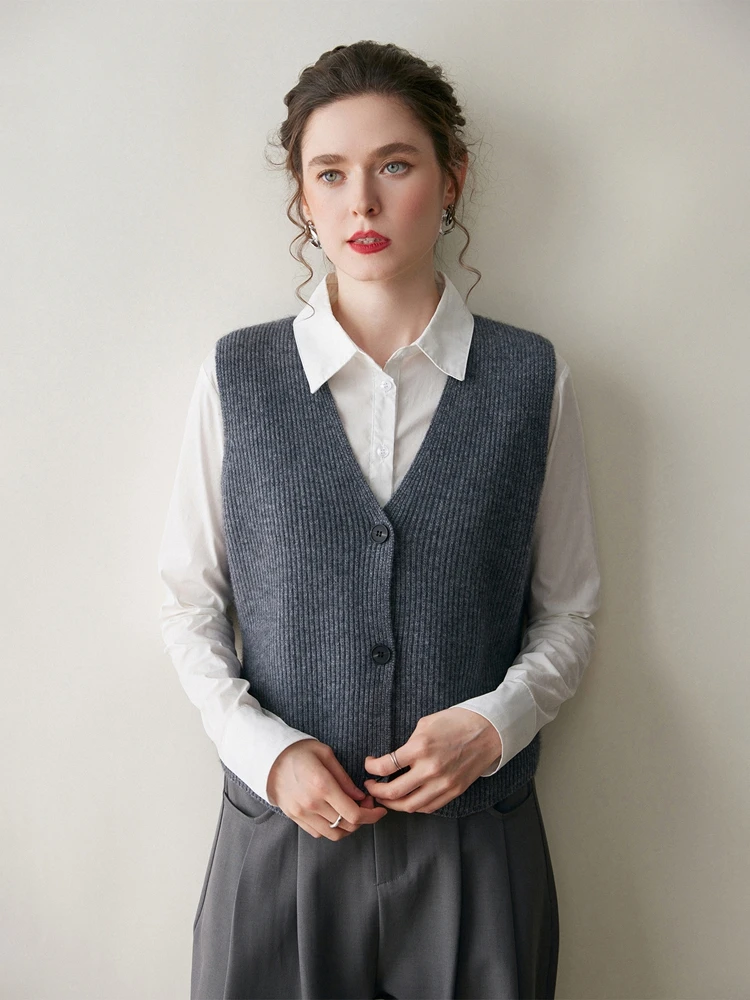 New Women's 100% Pure Cashmere Cardigan Vest V-neck Sleeveless Autumn Winter Simple Soild Knit Waistcoat High-end Outwear Basic