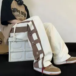 Splicing Contrasting Casual Pants for Men Featuring a Trendy American High Street Design with Loose Straight Legs and Wide Legs