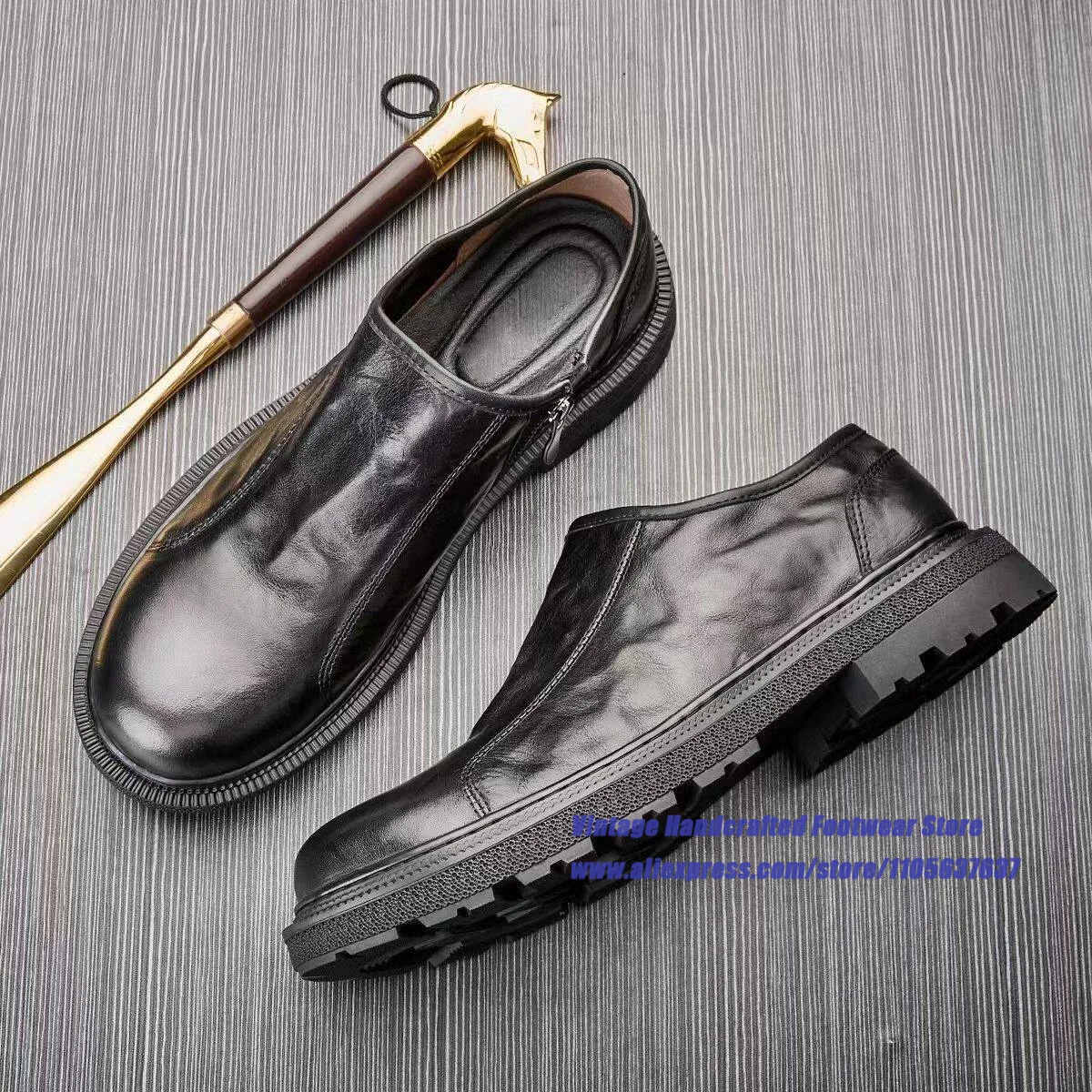 Men's Black/brown Leather Slip On Loafers Soft Leather Side Zipper Round Toe Casual Shoes ﻿Vintage Handcrafted Men's Shoes