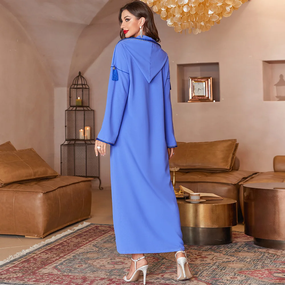 Women's Moroccan Abaya with Diamonds, V-Neck, Covered Buttoned Web, Tasseled Hooded Dress, Casual Muslim Dresses, Fashion, A821