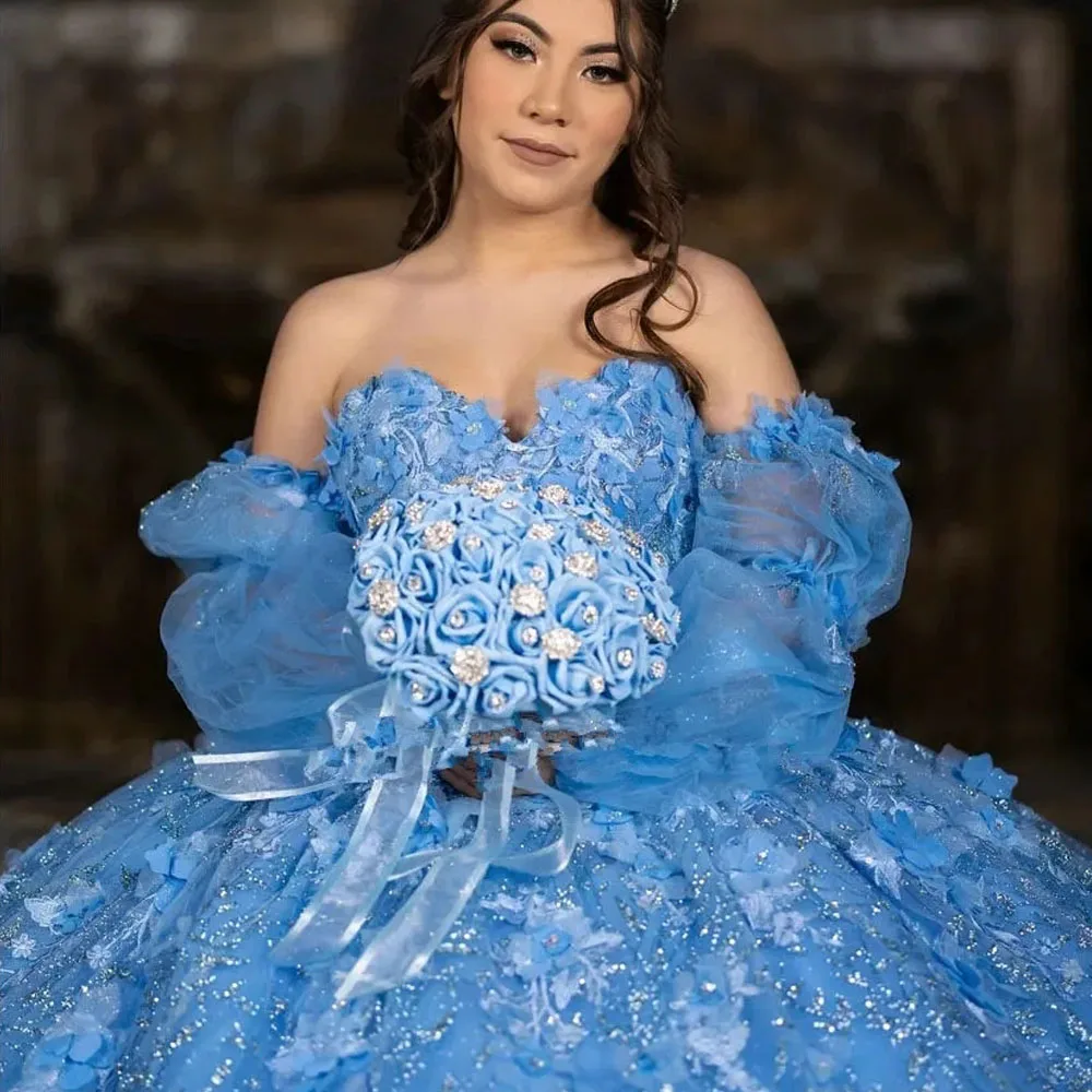 Vestidos de Quinceañera de cristal de manga larga azul, vestido de baile de lentejuelas Glittler, vestido de baile de 15 años sin hombros, flores 3D, vestido de Graduación