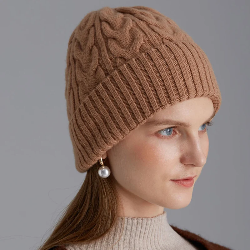 Pure Wool Cable Knit Beanies for Women Winter Hat Unisex