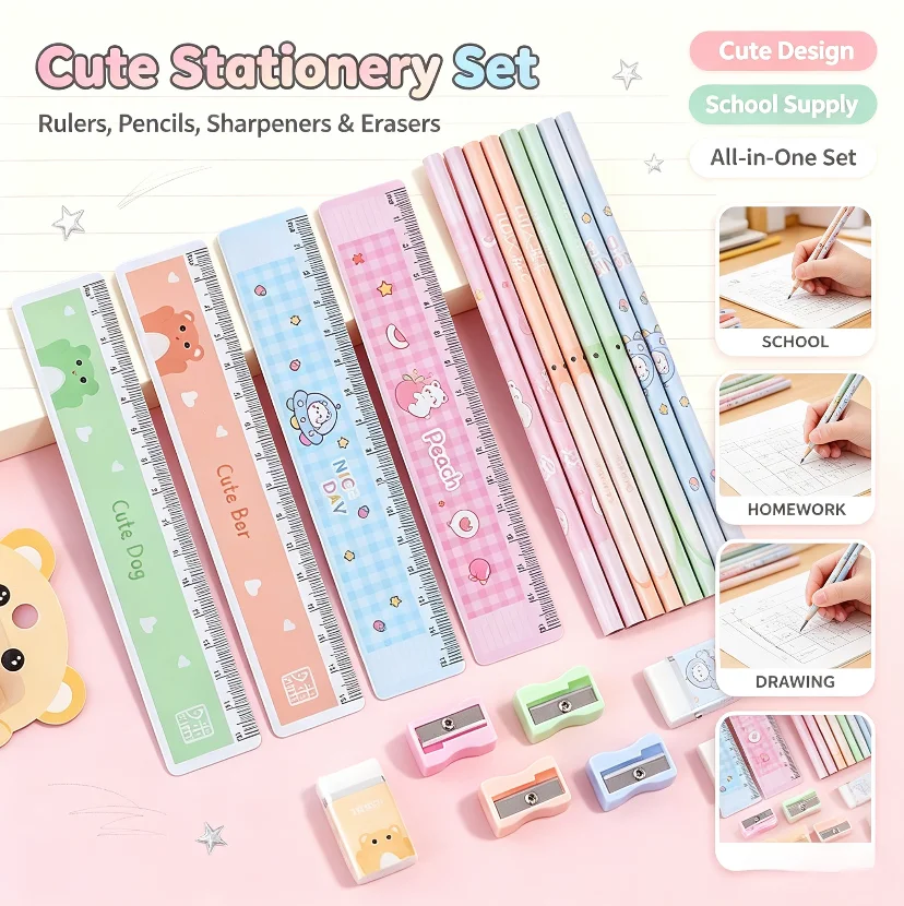Cute Learning Stationery Set Gift Box Student Rewards Small Gift Pencils Essential School Supplies for Kids