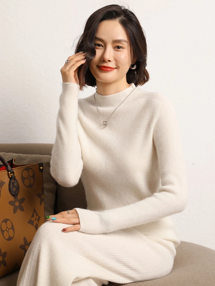 Damski sweter kaszmirowy 100% z golfem, długi rękaw, dopasowany, prosty, podstawowy, dzianina kaszmirowa, jesień-zima, miękki, ciepły, 2025