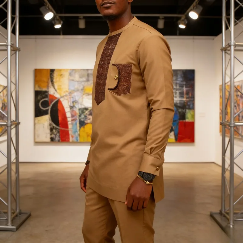 

Костюм для свадьбы в традиционном африканском стиле для мусульманских мужчин: топ с круглым вырезом и брюки, комплект из 2 предметов, с длинным рукавом