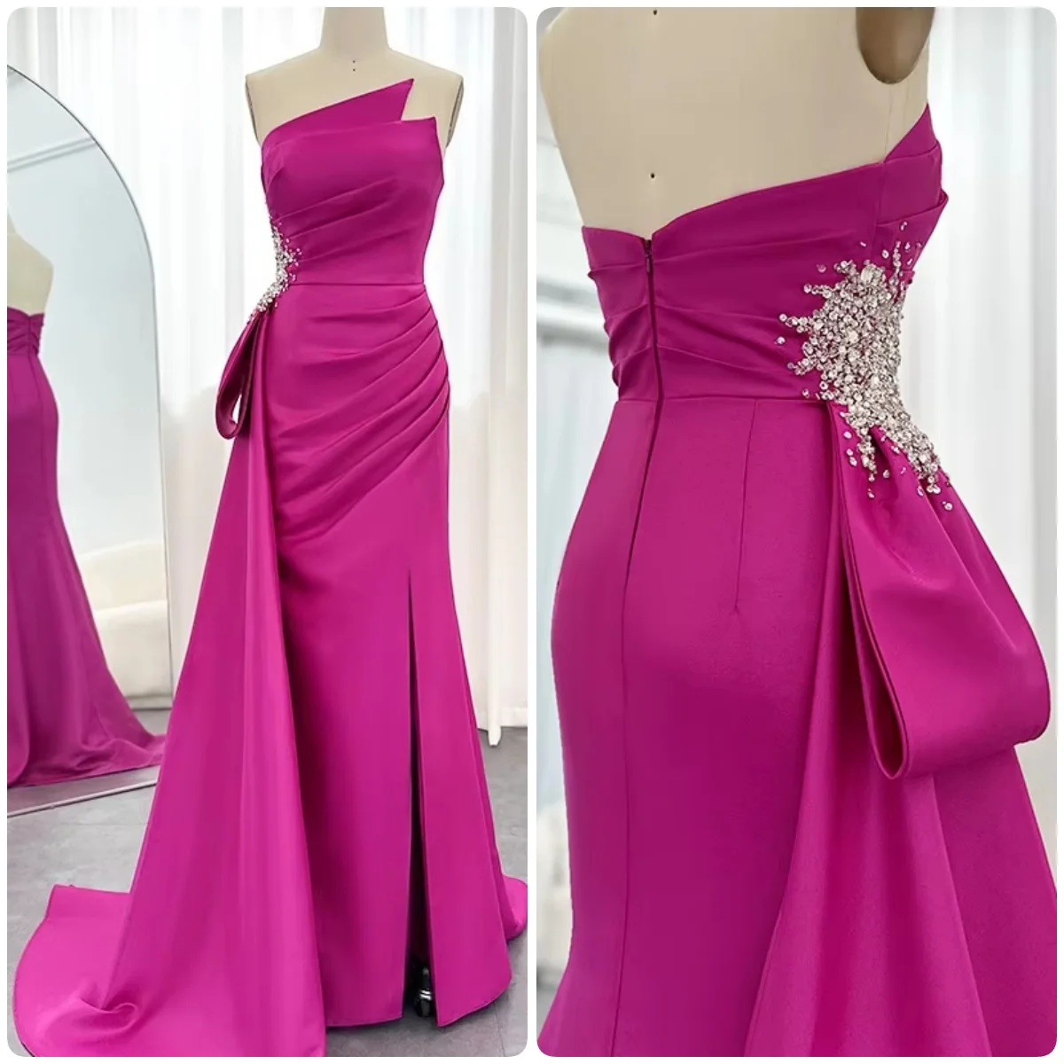 Custom Elegant Long Fuchsia Mermaid Evening Dresses 2025 Arabic Overskirt Sexy Side Slit Women Wedding Formal Party Gowns