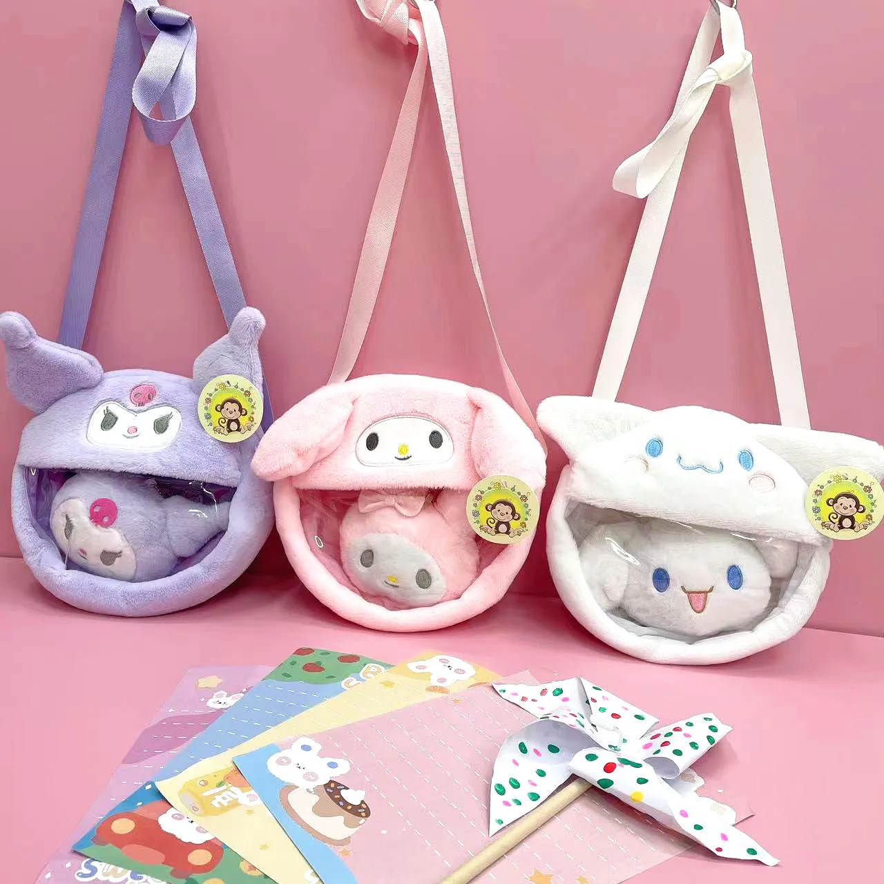 Sanrio Plush Shoulder Bags Hello Kitty Kulomi Cinnamoroll Cartoons Messenger Bag 20x19x4CM Children Anime Handbag with Doll Gift