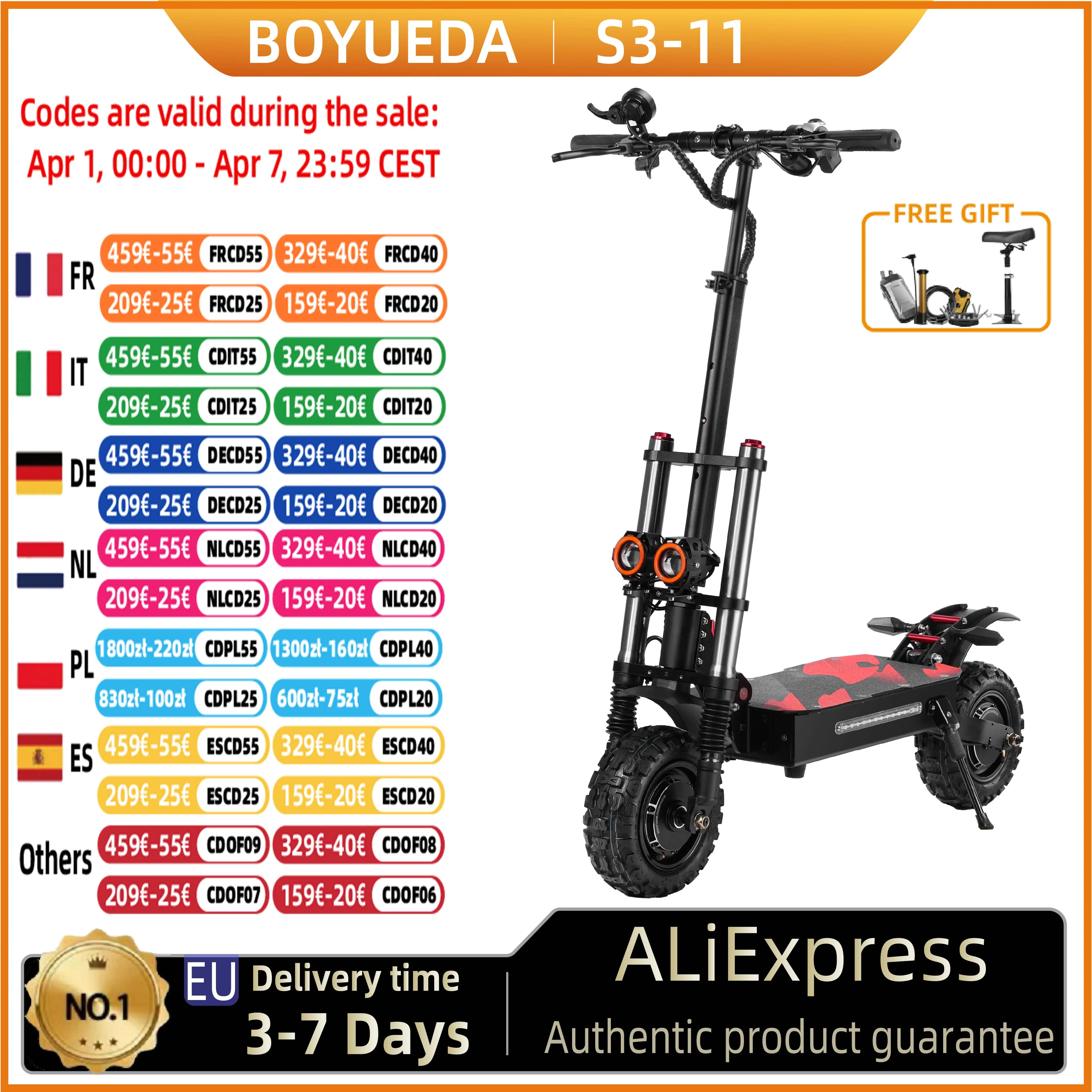 Trottinette électrique BOYUEDA S3-11, 6000W, double moteur, batterie lithium 60V 38AH, tout-terrain, trottinette électrique pour adultes, 11 pouces, trottinette électrique urbaine