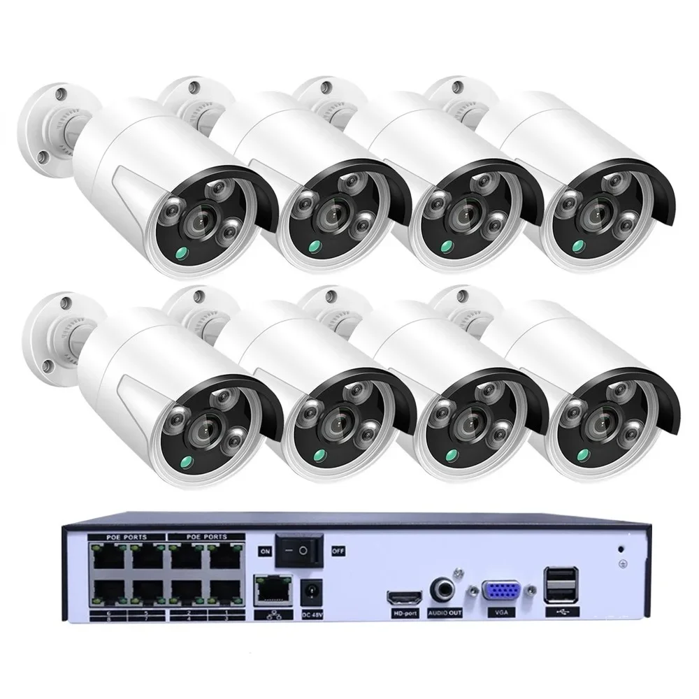 

Audio Recorder Rj45 Face Detection IP Camera Outdoor Waterproof CCTV Video NVR H.265+ 4CH 4k 8MP POE Camera System Kit