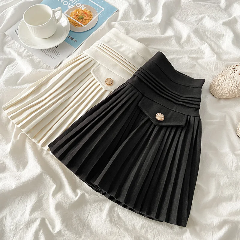 

Vintage Elegant Pleated Skirt Women 2023 New Fashion Metal Button Tweed High Waist Slim A-line Short Skirt