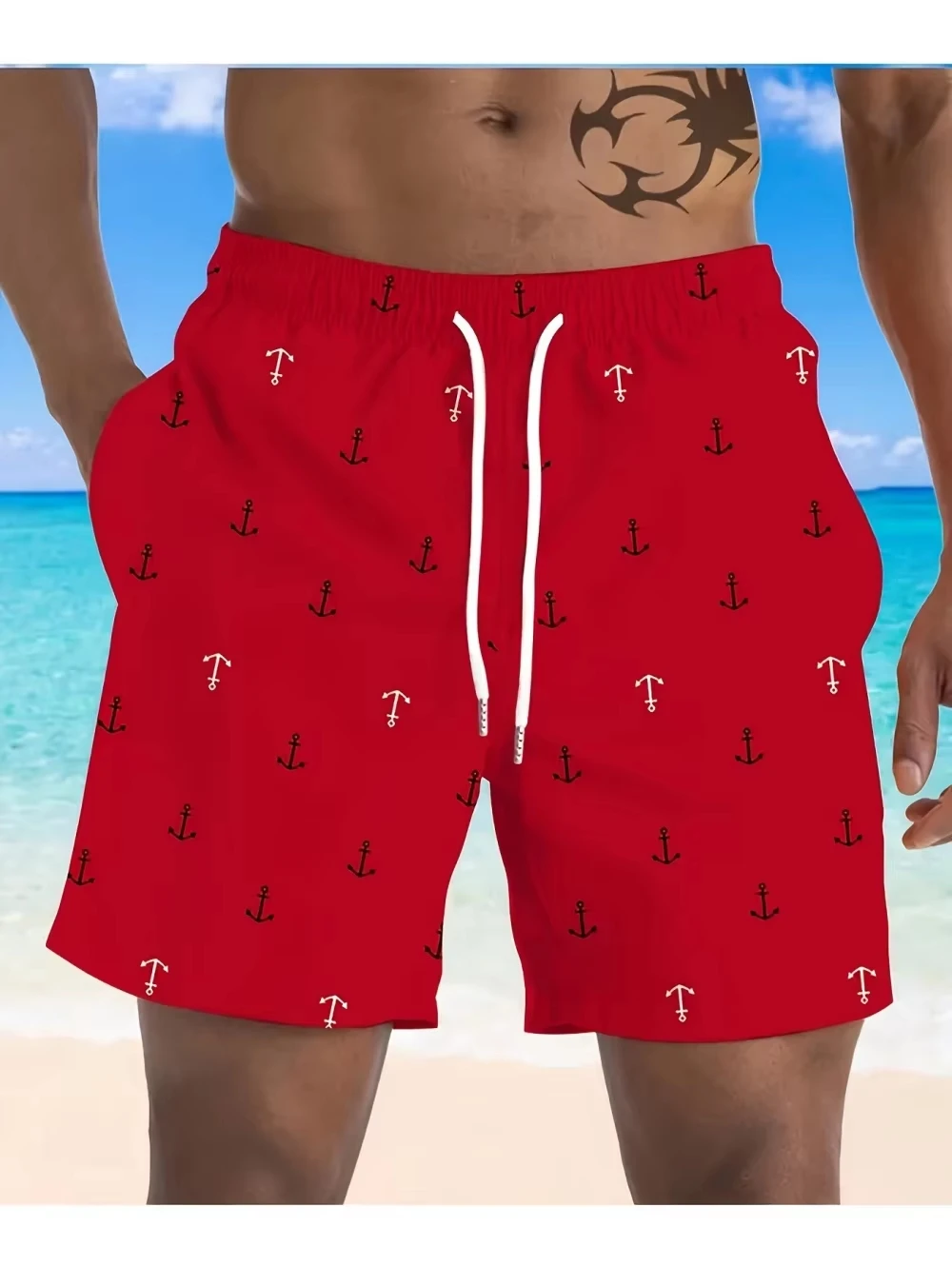 2026 New 3D Simple Pattern Casual Shorts for Men - Anchor Print Hawaiian Beach Swim Short Pants, Summer Vacation Shorts