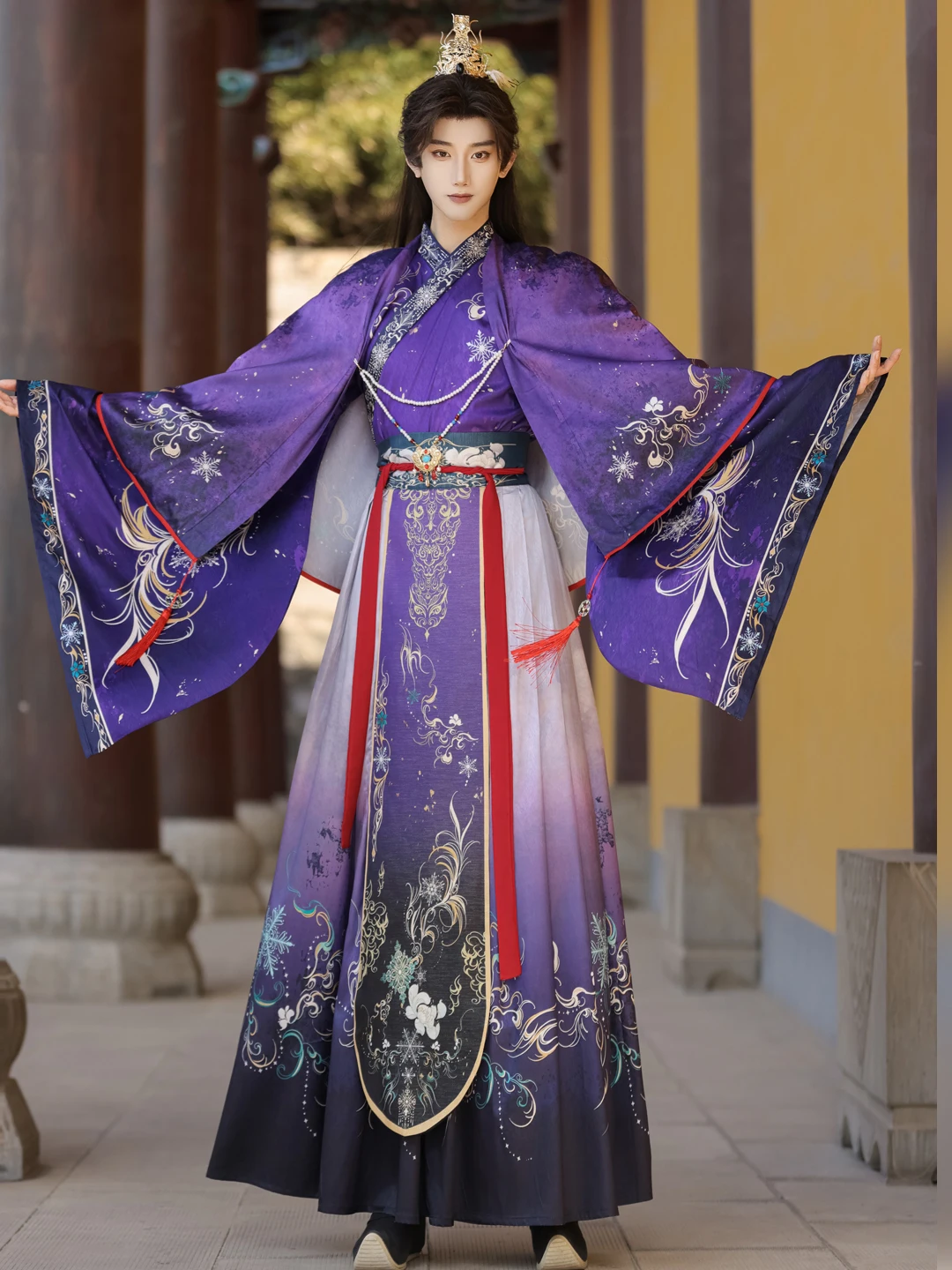 紫幻想風漢服-男女兼用-コスプレ-月神シリーズ-古代衣装-襟プリントセット-若者向け-旅行-夏-長袖