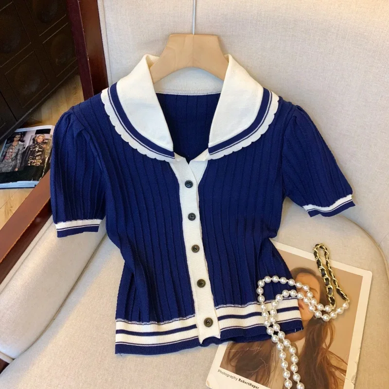 

2025 Summer Fashion Slim Knit Cardigan Sweater T-shirt Women Vintage Short Sleeve Single-breasted Knitwear Crop Tops Ladies Tees