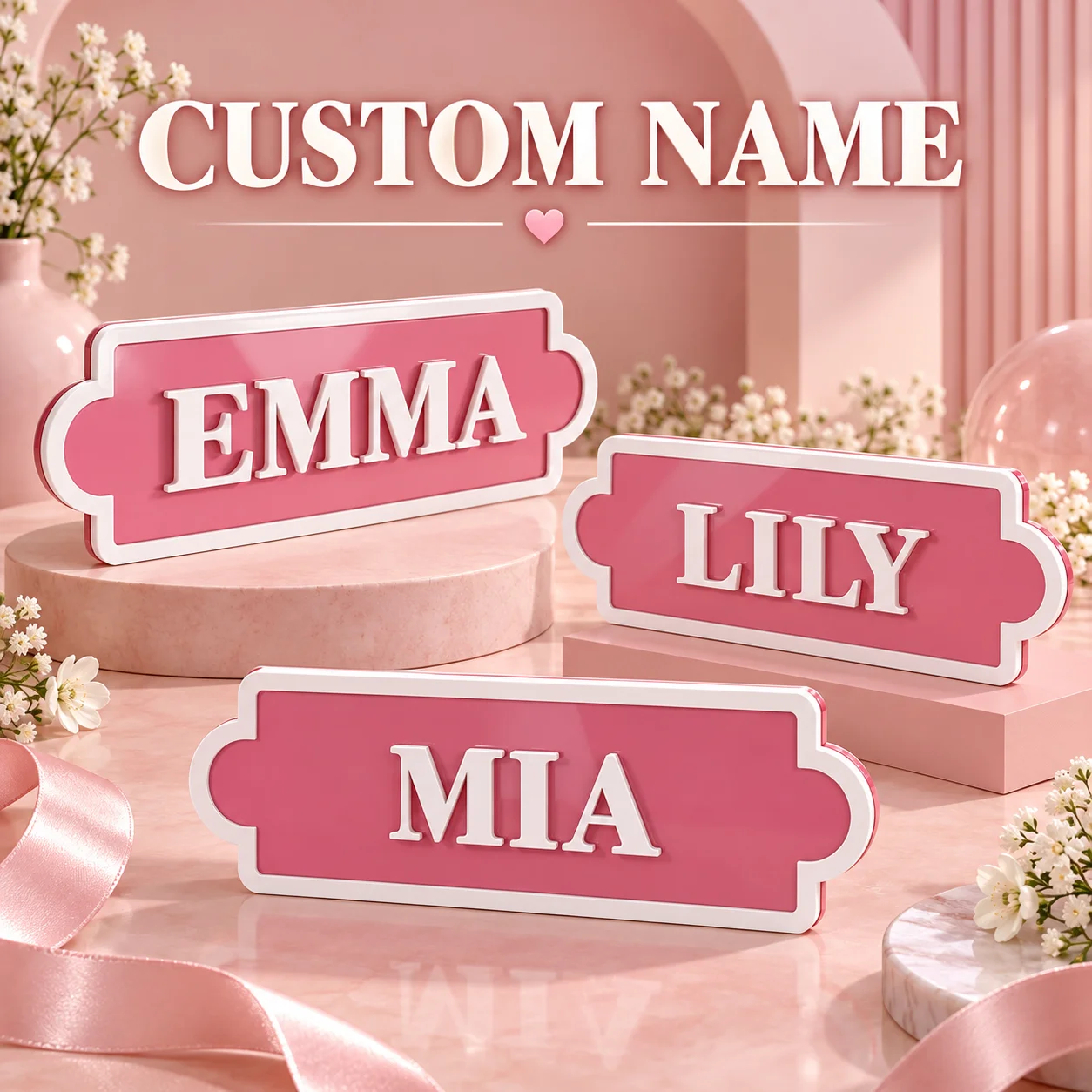 Custom Pink Border Acrylic Name Sign Personalized 3D Letter Plaque Baby Girl Pastel Nursery Wall Decor Newborn Shower Bedroom