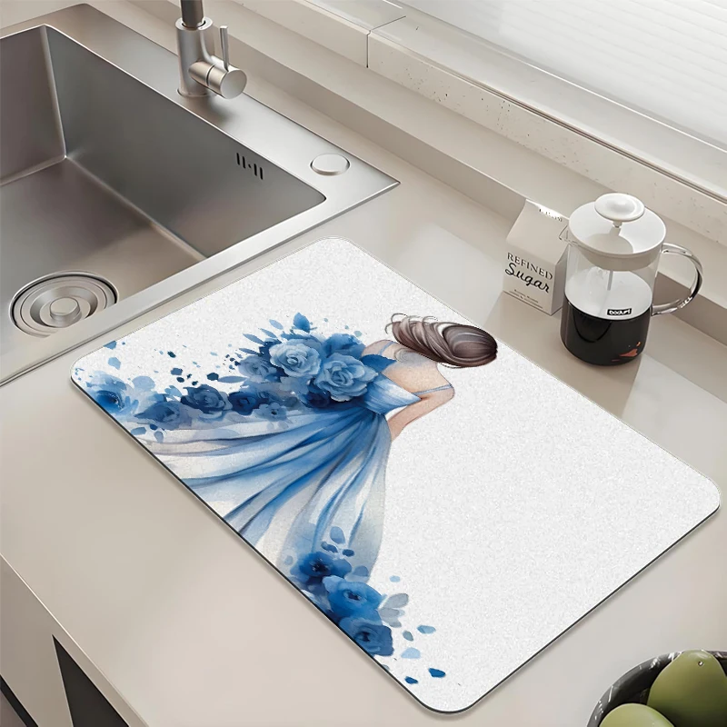 

Blue Dress Floral Girl Kitchen Drying Mat - Absorbent Non-Slip Quick Dry Pad for Sink Countertop