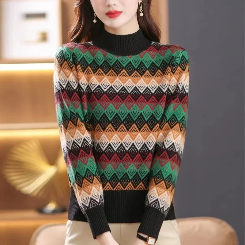 2023 New Autumn Winter Women's Thickened Jacquard Knitwear Half High Collar Checkered Colored Sweaters Female Jumper Knitted Top