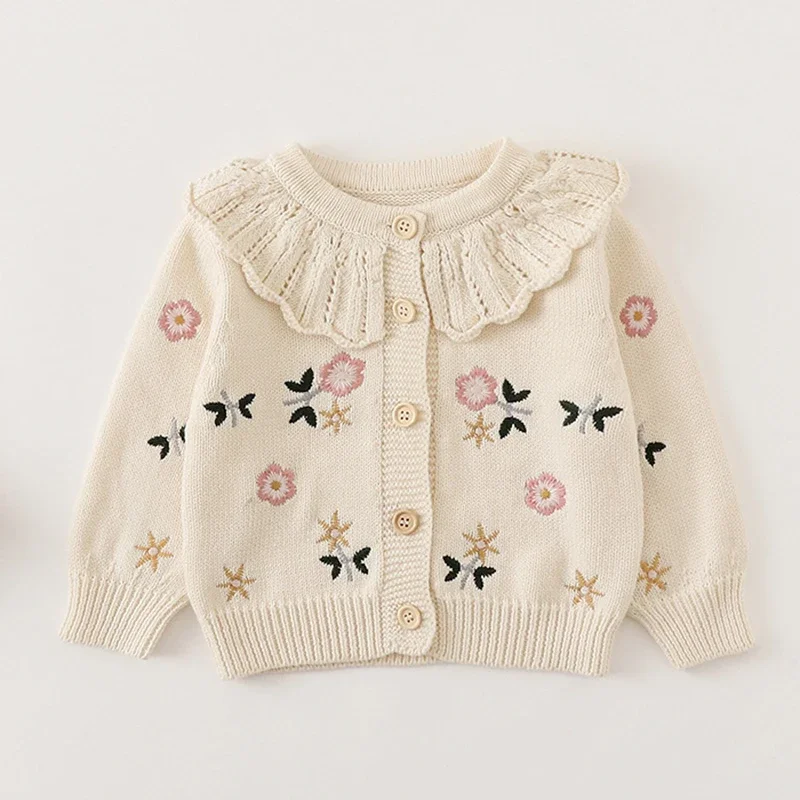 سترة جديدة لخريف 2025 من عمر 0-3 سنوات ملابس أطفال بناتي سترة حياكة بأكمام طويلة مطرزة لحديثي الولادة سترة بناتي #1