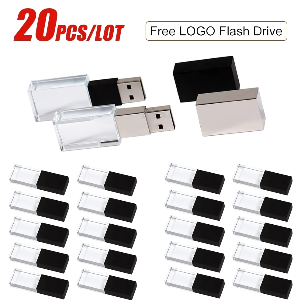 

20PCS/LOT Crystal USB Flash Drives 16GB Creative Wedding Gift Memory Stick Free Custom Logo Pen Drive 64GB Real Capacity 32GB 4G