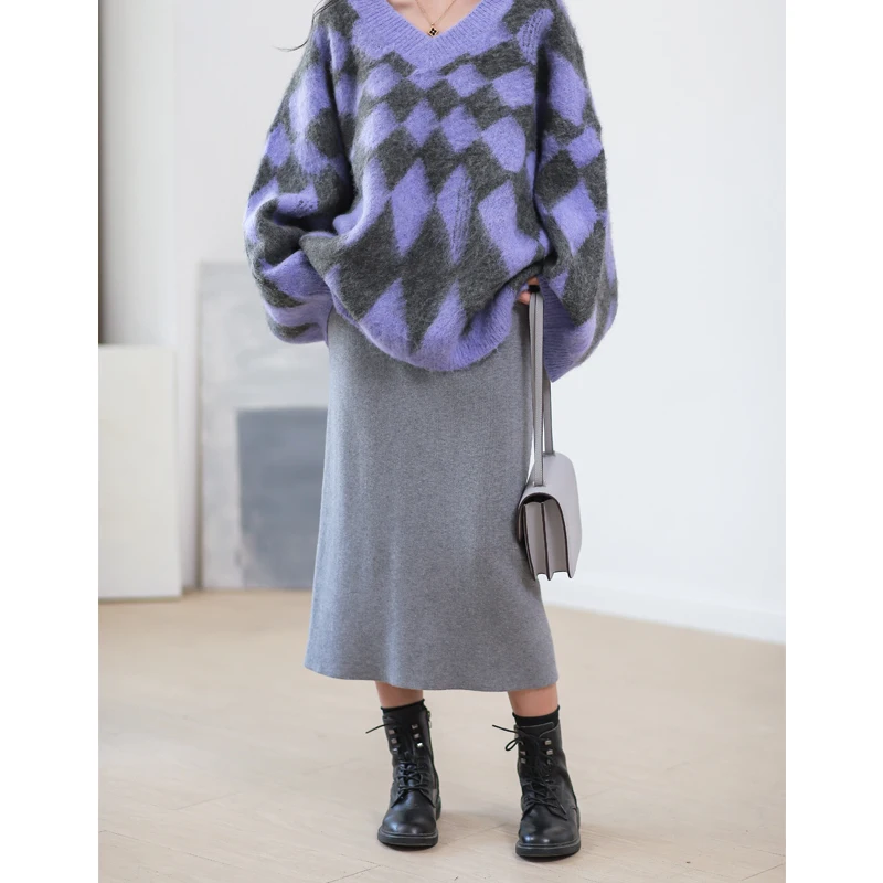 

Phil Dan High Waist Knitted Skirt Knee-Length A-Line Silhouette Pure Color Base Layer Skirt with Side Slit for Women