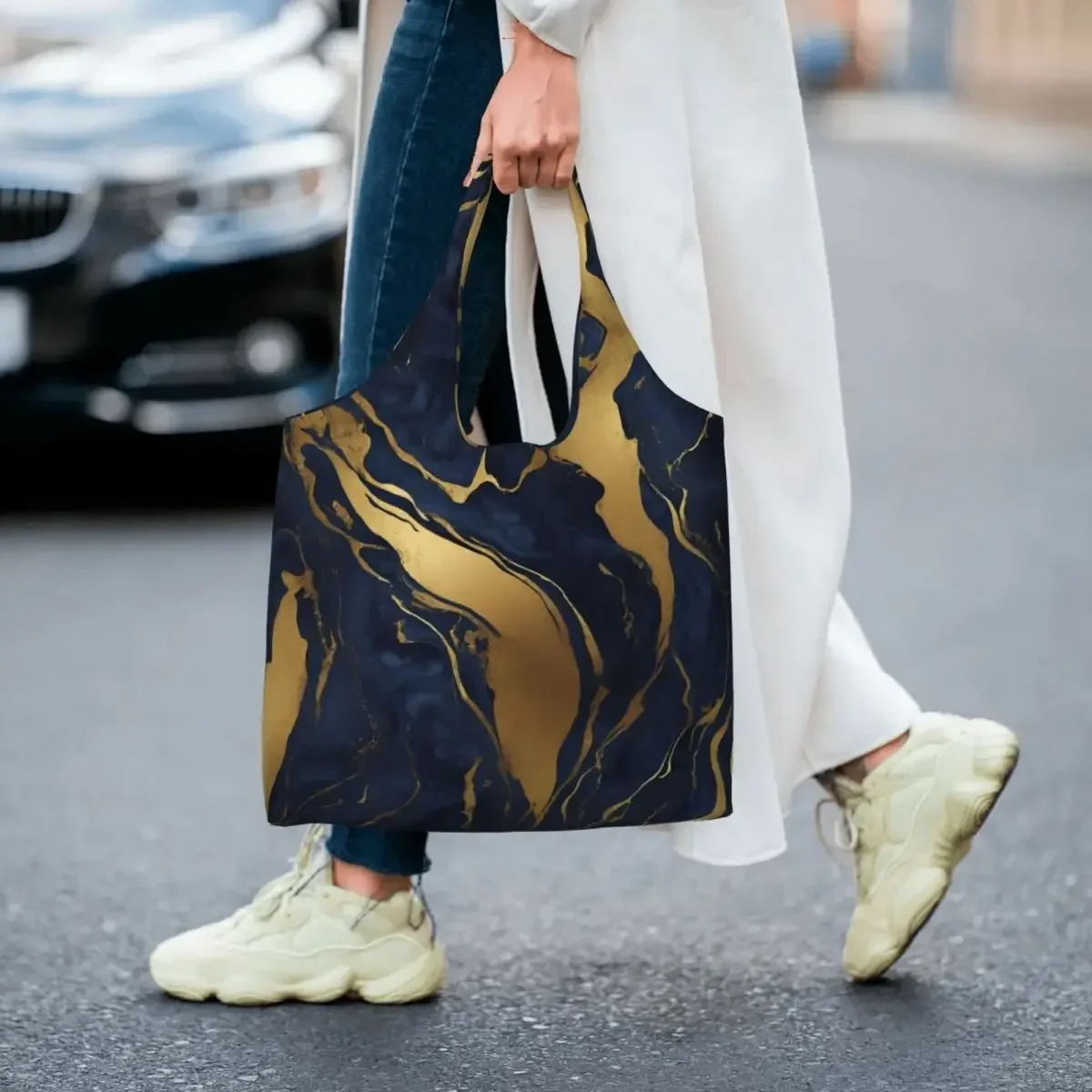 Custom Preppy Minimalist Blue Gold Marble Swirls Shopping Bag Women Canvas Shoulder Tote Bag Washable Grocery Shopper Bags