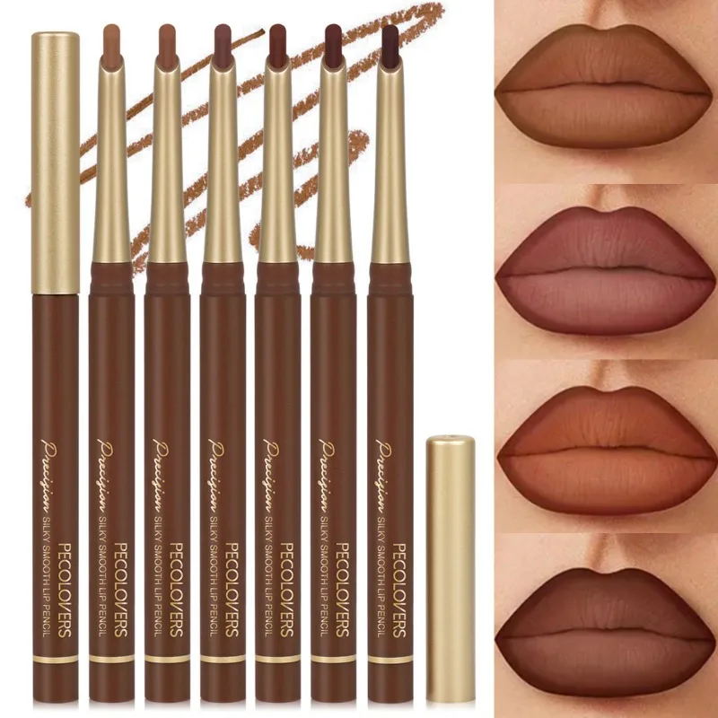 Delineador labial de tubo marrom inclinado, caneta de batom multicolorida, representando contores labiais, lábios encantadores, cosméticos labiais