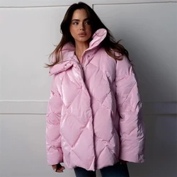 2024 winter new women's matte bright face lapel diamond check cotton-padded jacket y2k fashion loose casual warm bread jacket