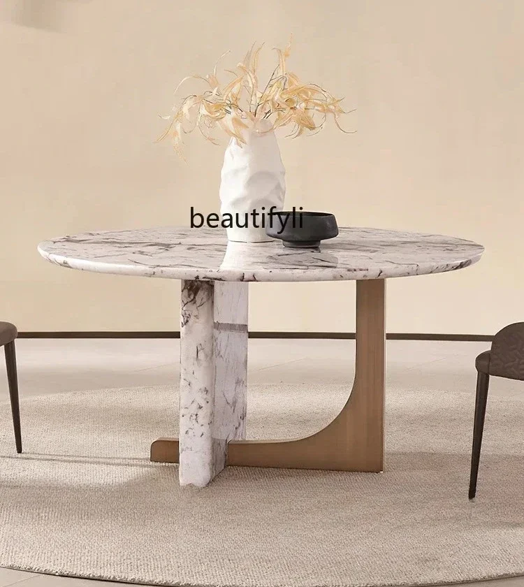 ljyMarble dining table and chair combination minimalist light luxury high-end luxury stone round table rotating plate