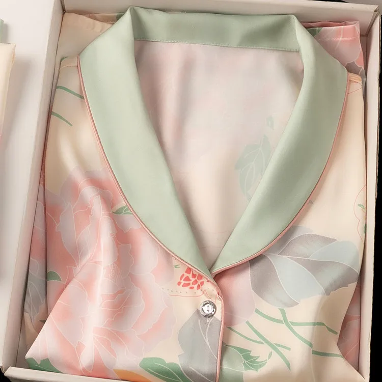 シルク寝間着-レディース-春夏-薄手-高級アイスシルク-2026年新作-ママの誕生日プレゼント-箱入り-軽量-通気性-長袖