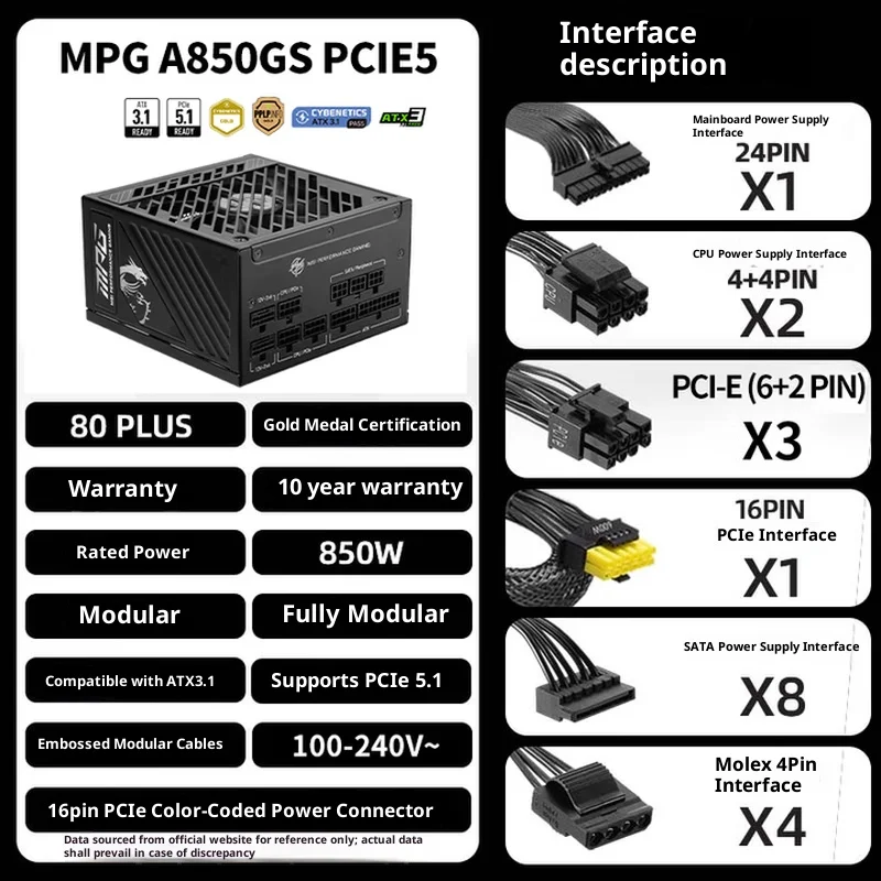 ‌ MSI MPG A850GS PCIE5 850 واط وحدات كاملة |   3x GPU رحلة الطاقة، التشغيل الصامت، التصميم الأبيض الجمالي