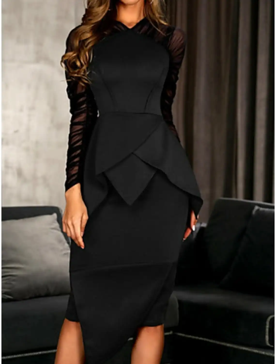 Elegant Sheath Little Black Dresses Knee Length Spandex With Ruched Ruffles Illusion Sleeve Formal Wedding Guest Cocktail Gowns