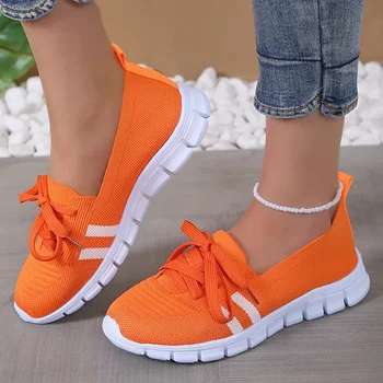 Mesh Gebreide Gestreepte Flats Schoenen Voor Vrouwen 2024 Zomer Lace Up Casual Sneakers Vrouw Ademend Zachte Zool Loafers Plus maat 43