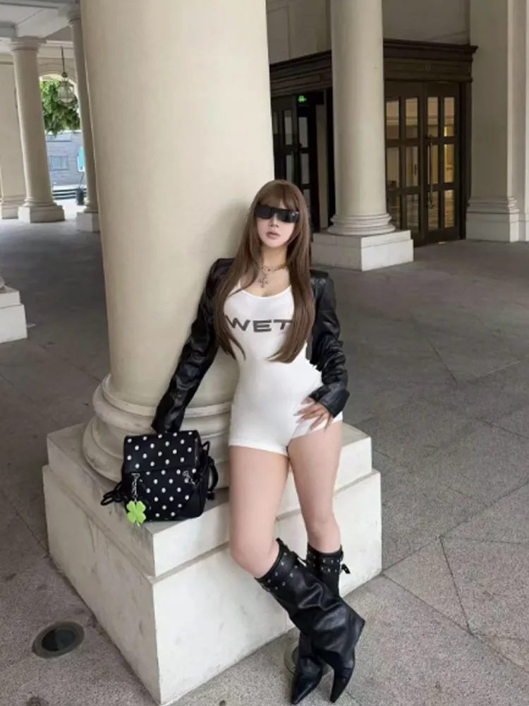 Spicy girl letter printed summer women's sexy sports jumpsuit semi transparent slim fit sleeveless jumpsuit shorts