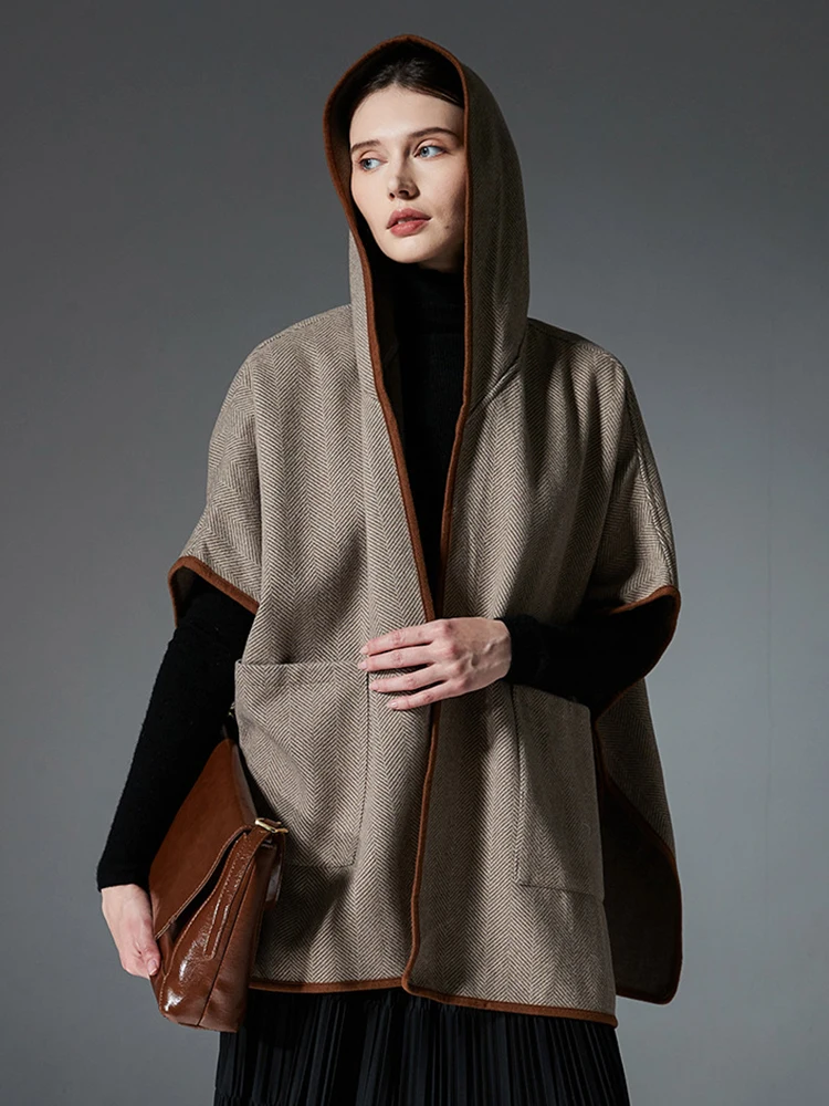 Осень-зима, женское многослойное пончо, элегантные полосатые кардиганы с капюшоном, шаль с запахом, шарф, свободный плащ, пальто, модное новое