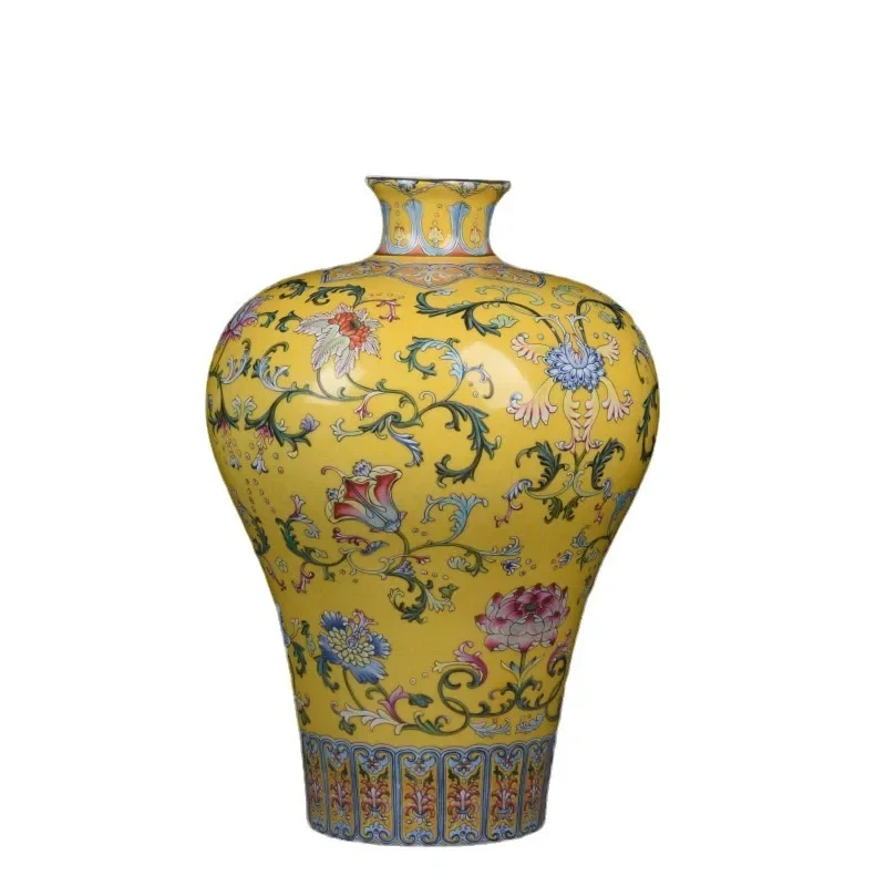 

Antique, enamel, color imitation yellow all over the ground, picking flowers, twisting branches, lotus gold plum bottle