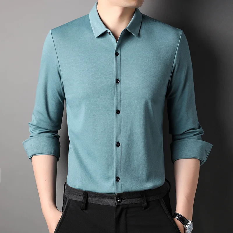 Top Grade Mulberry Silk 5.2% New Slim Fit Fashion Designer Brand Luxury Men Shirts 2023 Plain Long Sleeve Casual Mens Clothes