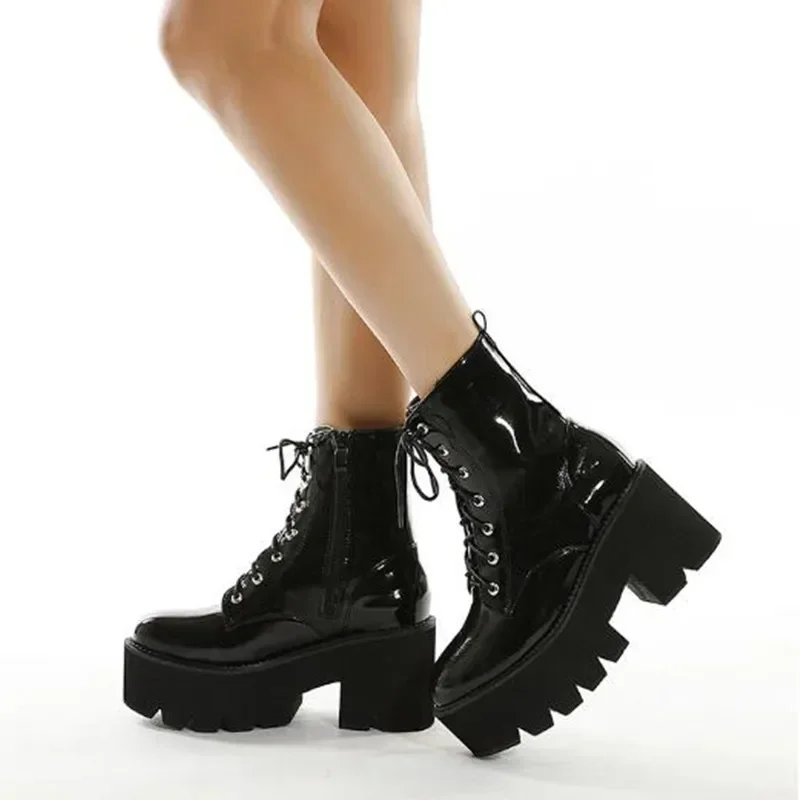 Fashion Chunky Motorcycle Boots for Women Autumn Winter Goth Boots Fashion Round Toe Lace-up Combat Boot Ladies High heels Shoes - view 4