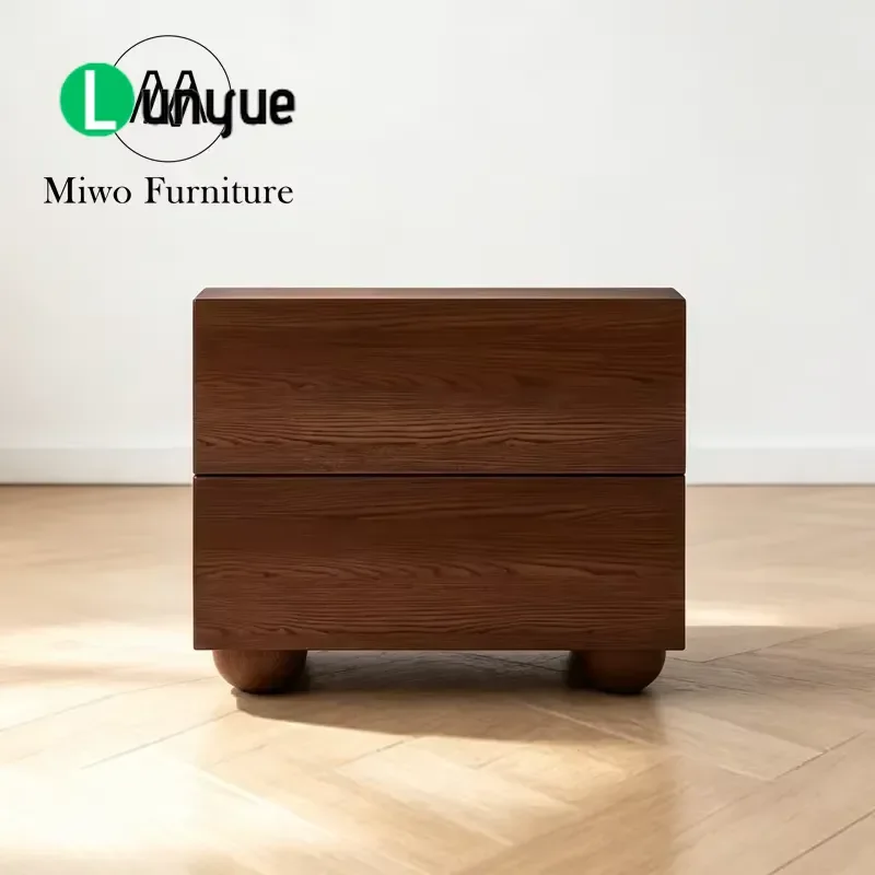 Modern Country Curved Wooden 2 Drawer Bedside Table Natural Oak Dark Walnut Finish Nightstand for Hotel Bedroom Home Decor