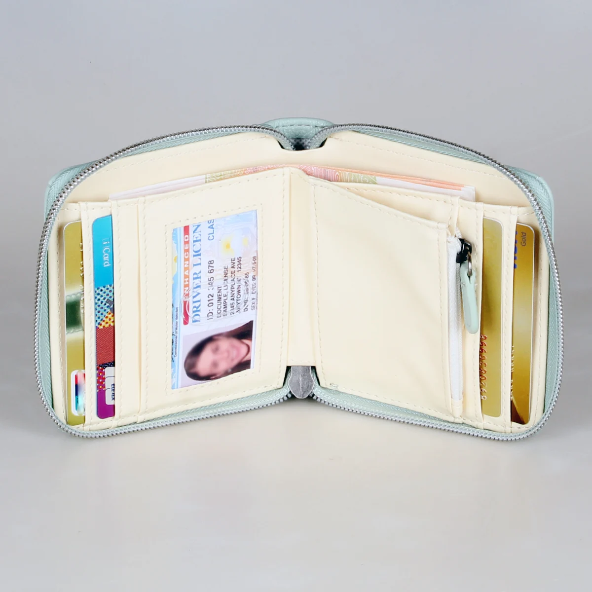 고품질 사파이어 여성용 지퍼 지갑, 세련되고 개인화 된 여성용 카드 클립 동전 지갑