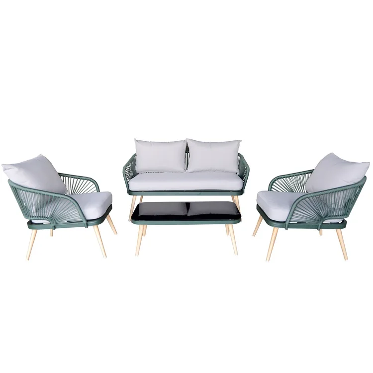 

Hot Sale 4 Pcs New Rope Design Modern Garden Sofa Furniture Set Steel Leisure Patio Garden Rope Sofa Sets