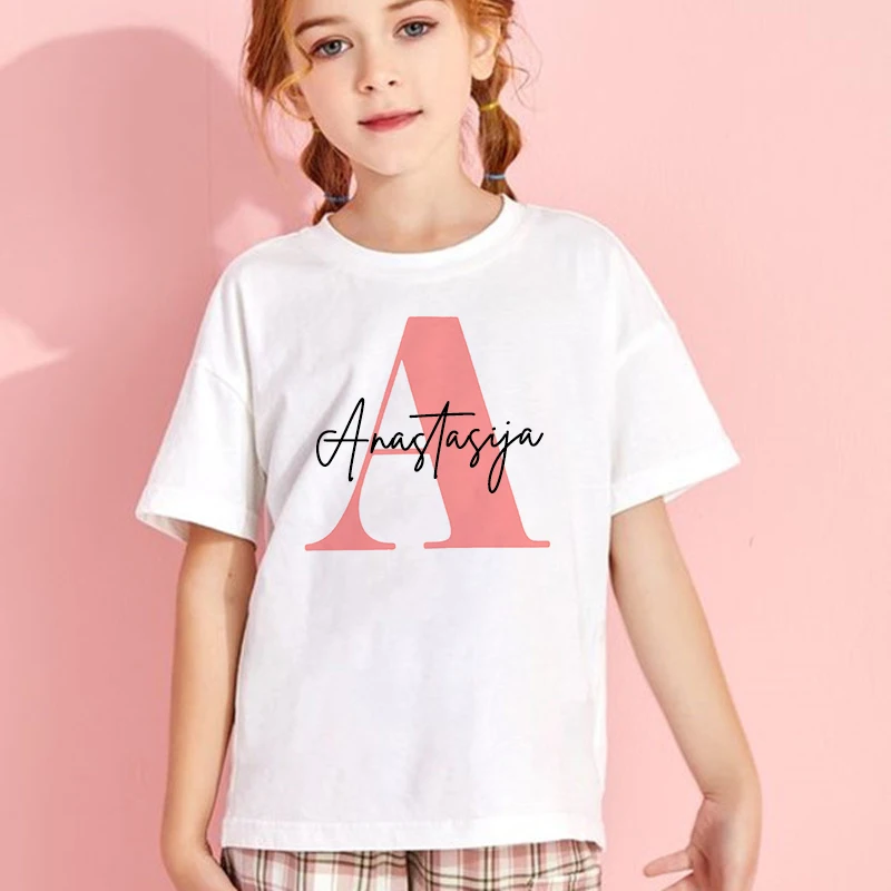 Personalised Initial Girls T-shirt Custom Baby Girl Name Clothes Summer Short Sleeve Tops Pink Letter Kids Tees Fashion Outfits