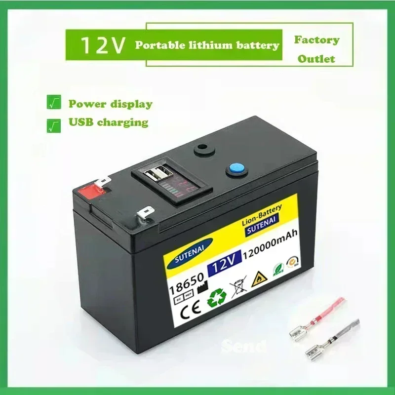 Batería de litio de 12V, 120Ah, 18650, batería recargable para batería de vehículo eléctrico de energía solar + cargador de 12,6 v3A